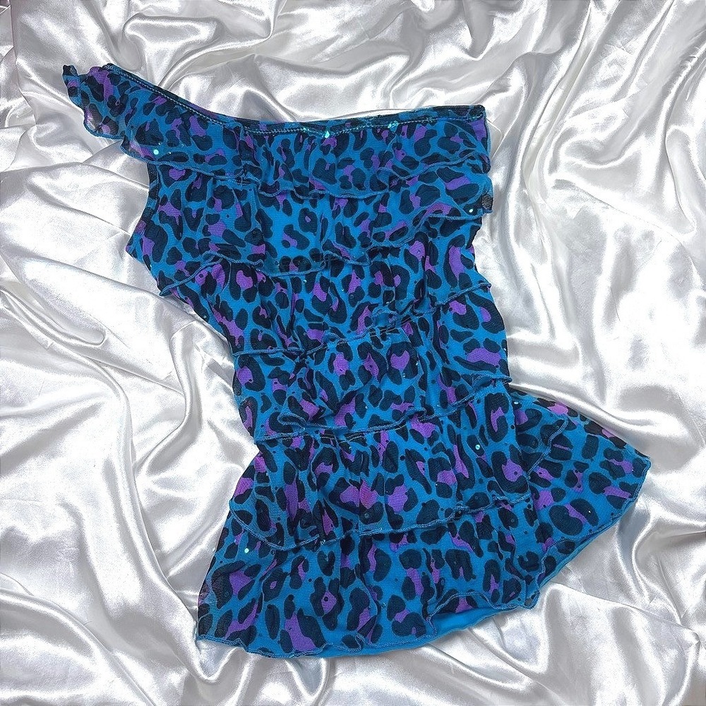 y2k Justice Ruffle One Shoulder Top Blue Leopard Print Sequin Tiered